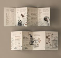 two fold brochures with illustrations on them