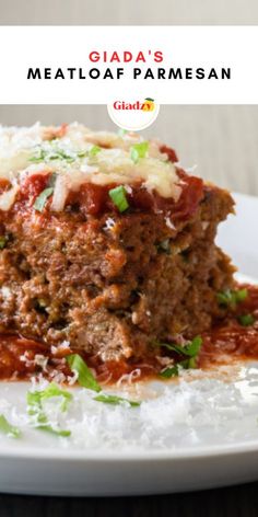 meatloaf parmesan on a white plate with text overlay that reads glada's meatloaf parmesan