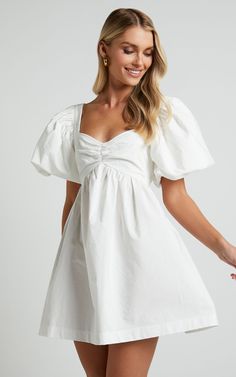 Vashti Mini Dress - Puff Sleeve Sweetheart Dress in Off White | Showpo USA Puff Sleeve Mini Dress Outfit, Sweathearts Dress, Baby Doll White Dress, Mini Puff Sleeve Dress, Cute White Graduation Dresses, Cute White Dresses Casual, White Gender Reveal Dress, Hot Day Fall Outfits, White Dress For Church