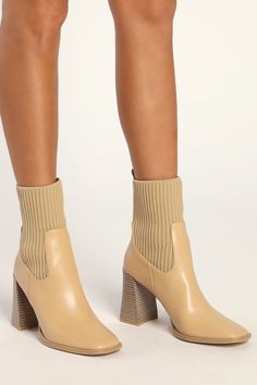 The Lulus Naynee Camel Square Toe Mid-Calf Boots are a perfect blend of cozy and chic! Sleek faux leather shapes these cute boots with a flat square toe upper that rises to a mid-calf shaft with contrasting ribbed knit to create a trendy sock silhouette. Seam detailing and a contoured block heel complete the look! 3. 75" stacked contoured block heel. Cushioned insole. Felted rubber sole has nonskid markings. Man made materials. Imported. Lulus | Naynee Camel Square Toe Mid-Calf High Heel Boots | Beige Ankle Boot Heeled Boots For Winter, Beige Ankle Heeled Boots For Winter, Beige Ankle Boot Heeled Boots For Fall, Trendy Beige Heeled Boots For Fall, Casual Beige Boots With Block Heel, Beige Wide Calf Boots With Block Heel, Cream Square Toe Boots For Work, Beige Block Heel Boots For Fall, Trendy Mid-calf Square Toe Boots For Fall