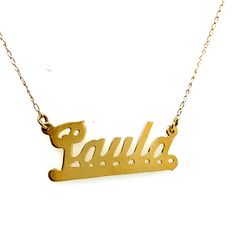 "Vintage 14K Yellow Gold \"Paula\" Script Name Charm Necklace - Paula measures 1\" wide and .5\" tall and is attached to a 14k yellow gold think link chain. Weight: 1.30 grams Length of chain: 16\"" Formal Gold Sterling Silver Name Necklace, Gold Plated Name Necklaces, Gold Personalized Custom Necklace For Formal Occasions, Elegant Personalized Yellow Gold Chain Necklace, Personalized Gold Necklaces For Formal Occasions, Personalized Gold Necklace For Formal Occasions, Formal Personalized Gold Necklace, Formal Custom Gold-plated Necklace, Custom Gold Plated Nameplate Necklace