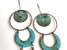 "Made to order. 1-2 week fabrication time frame. Brass naturally oxidized with Verdigris patina. Earrings hang from oxidized sterling silver ear wires. Measurement: 6\"x1\" Care: All of our patina pieces are sealed with a resin lacquer to help protect the oxidization, however we do recommend that you keep all patina pieces dry and away from water as it can further the oxidation process and potentially can alter the color. *Patina is a natural oxidation process so color shades may vary." Copper Dangle Earrings With Patina, Copper Dangle Jewelry With Patina, Turquoise Soldered Brass Earrings, Soldered Turquoise Brass Earrings, Artistic Copper Earrings With Patina, Artisan Metal Jewelry With Patina, Artisan Drop Earrings With Patina, Turquoise Artisan Electroformed Earrings, Unique Patina Copper Earrings