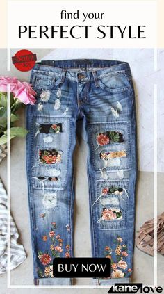 Flowers Printed Patch Ripped Boyfriend Denim Jeans Dark Wash Jeans With Zipper Closure For Spring, Trendy Denim Jeans With Floral Print, Spring Denim Blue Jeans With Zipper Closure, Casual Denim Blue Floral Print Jeans, Casual Floral Print Denim Blue Jeans, Jean Sewing, Upcycle Clothing, Jeans Ideas, Boyfriend Denim