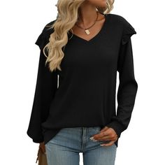 Women Long Sleeve T Shirts Fall V Neck Ruffle Sleeve Tunic Tops for Fall and Winter SHIBEVER Long Sleeve T Shirt Has Comfortable Materials and Ruffle Sleeve, It Can Dressy Perfect All-Purpose Style Clothing for Your Wardrobe. Shibever Fall Long Sleeves Top is Lightweight And Has A Comfortable Fabric That is Comfortable And Wram in Cold Weather. This T Shirt or Top is Specially Designed for You Who Enjoy the Daily Life. Product Details Women Fall T Shirts V Neck Long Sleeve Tunic Tops Clothing fo Fall V-neck Ruffled Tops, Fall Ruffled V-neck Tops, Black Ruffle Sleeve Tops For Fall, Black Ruffle Sleeve Blouse For Fall, Fall Solid Top With Ruffles, Solid Ruffled Tops For Fall, Casual Black Blouse With Ruffle Sleeves, Black Casual Blouse With Ruffle Sleeves, Casual Ruffled Tops For Fall