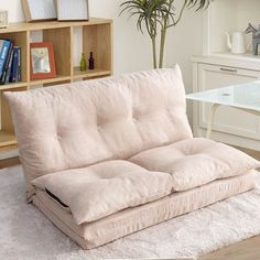 a living room with a futon and bookshelf in the corner on carpeted flooring