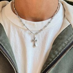 Y2k Grunge Chrome Color Silver Cross Pendant Necklace These Chains Are Unisex :)! Stainless Steel Chain Brand New Chains For Men Aesthetic, Mens Waist Chain, Silver Necklace Men��’s, Guys With Necklaces, Cool Chains Necklaces Men, Silver Cross Chain Men, Cross Jewelry Men, Guys Wearing Jewelry, Mens Chains Aesthetic