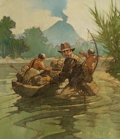 three men in a boat with fishing rods