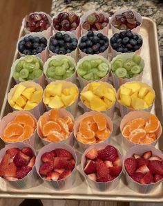 a tray filled with lots of different types of fruit on top of a countertop