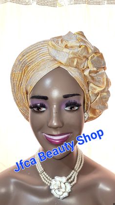 An elegant ladies damask Africa head gear/Auto gele.  Easy to fit on. Already name to fit all sort of head shapes. Good for all occasions.  Wedding s, naming ceremony, Christmas party, baby dedication, etc Elegant Church Headwrap In Headband Style, Elegant Church Headwrap Headband, Elegant Yellow Headwrap In Headband Style, Adjustable Yellow Headwrap For Party, Adjustable Yellow Headwrap For Parties, Elegant White Headwrap Headband, Elegant White Headband Headwrap, Elegant White Headwrap One Size Fits Most, Elegant Adjustable Cream Bonnet