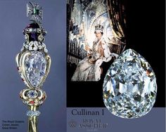 World's Largest Cut Diamond. "Star of Africa I," or "Cullinan I," at 530 carats, is the largest-cut fine-quality colorless diamond in the world. It was cut from the 3,106-carat Cullinan diamond. Cullinan Diamond, British Crown Jewels, Diamond Facts, Royal Crown Jewels, Expensive Diamond, Reine Elizabeth Ii, Royal Crowns, Royal Tiaras, Asscher Diamond