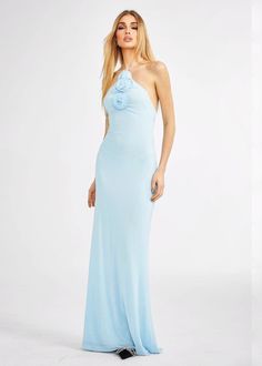 This elegant backless halter dress features intricate 3D flower decor and a sky blue hue, making it a stunning addition to any wardrobe. With its flattering maxi length and tied back design, this dress is perfect for any occasion. Elevate your style with this unique and stylish piece. Fabric: Slight Stretch Material: Polyester Light Blue Maxi Dress, Backless Halter Dress, Flower Embellishments, Blue Maxi Dress, A Sky, Backless Design, Blue Maxi, Flower Decor, Blue Hues