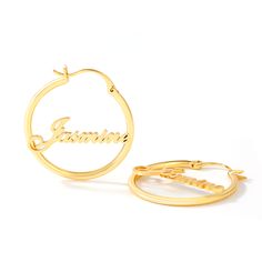 Our personalized hoops offer a new way to enjoy the look of this exquisite design. The design is clever and delicate. Whether you're looking for bridal earrings to perfectly match your rings, or just searching for the perfect gift, there are no more perfect earrings than the ones you'll design with our artists.Material: 925 SilverPlating Color: Silver, Yellow Gold, Rose Gold Personalized Drop Earrings For Anniversary, Elegant Customizable Gold Plated Jewelry, Elegant Customizable Gold-plated Jewelry, Elegant Personalized Hoop Earrings, Elegant Round Jewelry With Name Engraving, White Gold Plated Hoop Earrings As Gift, White Gold Plated Hoop Earrings For Gift, Personalized Yellow Gold Sterling Silver Earrings, Customizable Yellow Gold Jewelry For Promise