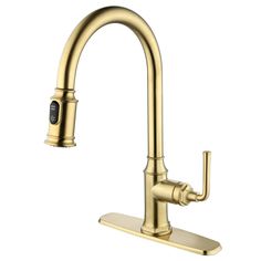 a brass colored kitchen faucet with the handle on it's spout