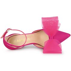 These beautiful bow-tie heels come in a flattering match-all color, bonus points for the glossy satin fabric finish, and sky-high stiletto heels that help you slip in easily with all your outfits. This pair of bow-tie heels has a satin upper and a stiletto heel to add a touch of height and style to your everyday look. The buckle closure allows you to adjust this pump to fit your ankle well. Pointed Toe Heels With Bow Straps For Party, Feminine High Heels With Bow Straps, Party Heels With Bow Straps And Round Toe, Pointed Toe Kitten Heels With Bow For Party, Evening Heels With Ribbon And Pointed Toe, Pink Pointed Toe Heels With Bow Straps, Evening Ribbon Heels With Pointed Toe, Party Kitten Heels With Bow And Pointed Toe, Feminine Synthetic Heels With Bow