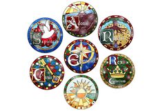 six stained glass coasters with the names of different countries and their emblems on them