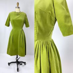 D E T A I L S  1950s Hand made Green Velvet "feeling"  A line dress with beatiful bunching  at the wasit.  Material:No Label   Color:Green Label: None Era:1950s M E A S U R M E N T S Sleeve- 11 inches Shoulders- 15 inches Bust- 34 inches  Length- 38 inches (from shoulder  to the bottom of the skirt) Waist -25 inches Hip-Open * very little wear on the back neck line Retro A-line Vintage Dress For Garden Party, 1950s Style Fit And Flare A-line Vintage Dress, 1950s Style A-line Pleated Dress, Vintage A-line Dress With Pleated Bodice, 1950s Style A-line Dress With Box Pleat, Retro A-line Cocktail Dress, 1950s A-line Dress For Vintage Fashion, 1950s Style Green A-line Dress, Classic A-line Dress For Vintage Fashion