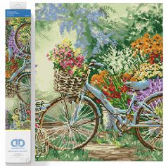 the cross stitch pattern shows a bicycle with baskets full of flowers in front of it