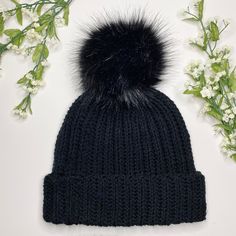 Monochromatic black crochet hat with faux fur pom. Made with 100% low pill acrylic yarn. This hat has been pre-washed. A winter hat will be donated to charity with the purchase of this hat. Don't hesitate to contact me with any questions!  Size: youth/small adult Monochrome Crochet, Black Crochet Hat, Crochet Winter Hat, Black Monochrome, Teen Style, Crochet Winter Hats, Crochet Winter, Donate To Charity, Pom Pom Hat