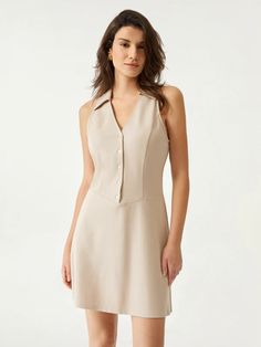 Ogl V-Neck A-Line Mini Dress – OGLmove Classic V-neck Summer Dress, Beige Sleeveless V-neck Dress, Solid Color V-neck Midi Dress For Work, Flattering V-neck Formal Dresses, Summer Fit And Flare V-neck Dress, Spring Mini Dress With Notched Neckline, Fitted Beige A-line V-neck Dress, Beige Fitted A-line V-neck Dress, Spring A-line V-neck Dress