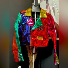 Fit Like A Large Funky Multicolor Winter Outerwear, Edgy Fitted Multicolor Outerwear, Multicolor Long Sleeve Leather Jacket For Fall, Edgy Multicolor Winter Outerwear, Spring Party Outerwear With Patchwork, Punk Multicolor Long Sleeve Outerwear, Punk Style Multicolor Long Sleeve Outerwear, Edgy Multicolor Outerwear For Fall, Edgy Multicolor Spring Outerwear