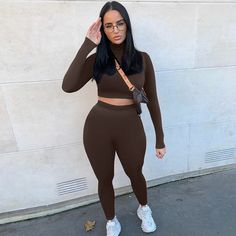 Color: Coffee, Size: S Women Streetwear Outfits, Hot Crop Tops, Pieces Outfits, Two Pieces Set Outfits, Stretchy Crop Tops, Turtle Neck Crop Top, Yoga Outfits, Crop Top And Leggings, Yoga Outfit