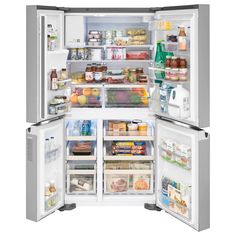 an open refrigerator with its doors wide open and full of food inside it, showing the contents