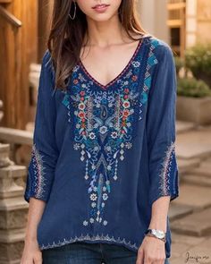 Exquisite embroidered long-sleeve blouse crafted in premium fabric Sleeve Stencil, Combination Fashion, Color Combinations For Clothes, Embroidery Print, Graphic Top, Style Blouse, Embroidered Shirt, Neck Shirt, Casual Wardrobe