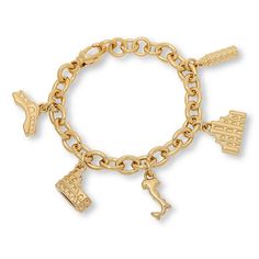 Soave Oro 14K Gold Electroform Italian Monument Charm Bracelet  Adorn your wrist with delightful, dangling miniatures of Italian monuments. This bold, oval-link bracelet features charms representing Ponte Vecchio (Bridge in Florence), Il Colosseo (Colosseum), Duomo di Milano (Milan Cathedral), Torre di Pisa (Leaning tower of Pisa) and the Italian peninsula.        Bracelet approx. 7-1/2"L x 3/8"W; fits 6-1/2" to 7-1/4" wrist     Charms approx. 1"L x 3/4"W     14K gold resin-filled electroform      Oval link bracelet has five charms that represent Italy     Lobster claw clasp Elegant 14k Gold Jewelry With Logo Charm, Elegant Metal Chain Bracelet With Dangling Charms, Yellow Gold Bracelets With Logo Charm As Gift, Yellow Gold Bracelets With Logo Charm For Gifts, Classic Gold Plated Jewelry With Logo Charm, Gold Charm Bracelet With Oval Links, Elegant Dangle Jewelry With Logo Charm, Elegant Metal Charm Bracelet With Dangling Charms, Classic Yellow Gold Chain Bracelet With Charms