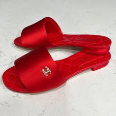 Bnib Chanel Sandals In Red. Luxury Red Slip-on Sandals, Red Slip-on Sandals For Evening, Red Flat Heel Sandals For Evening, Elegant Flat Heel Sandals With Red Sole, Elegant Red Slip-on Sandals, Elegant Red Sandals, Designer Red Formal Sandals, Designer Closed Toe Sandals With Red Sole, Designer Red Closed Toe Sandals