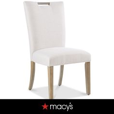 a white chair with wooden legs and a star on the bottom right hand corner that says macy's