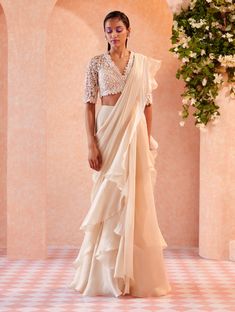 Ridhi Mehra | Ivory Arsema Ruffle Draped Saree And Blouse Ridhi Mehra, Net Blouses, Ruffle Saree, Drape Saree, Net Saree, Organza Saree, Designer Saree, Designer Sarees, Chiffon Skirt