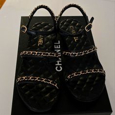 Stunning Chanel Sandals Designer Flat Heel Platform Sandals, Luxury Ankle Strap Beach Sandals, Luxury Black Sandals, Designer Platform Sandals, Luxury Black Sandals With Ankle Strap, Flat Designer Sandals, Luxury Synthetic Sandals For The Beach, Luxury Synthetic Beach Sandals, Luxury Flat Heel Platform Sandals