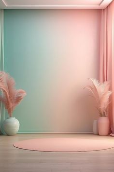 an empty room with pink curtains and two potted plants on the floor in front of it