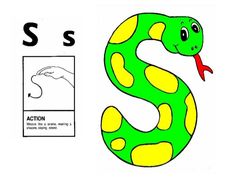 the letter s is for snake and it has an image of a green snake with yellow spots