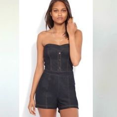 Strapless High Waisted Knit Denim Romper This Romper Is Extremely Soft And Stretchy. It Is A Pull On Design With Mid Back Zipper Closure. The Buttons On The Front Are Mot Function And Is For Design Purposes. Casual Strapless Denim Jumpsuit, Casual Medium Wash Strapless Denim Jumpsuit, Casual Strapless Denim Blue Jumpsuit, Fitted Denim Blue Jumpsuit For Night Out, Casual Strapless Denim Jumpsuit For Spring, Strapless Denim Blue Jumpsuit For Summer, Strapless Fitted Denim Jumpsuits, Strapless Denim Jumpsuit For Summer, Strapless Fitted Denim Jumpsuits And Rompers