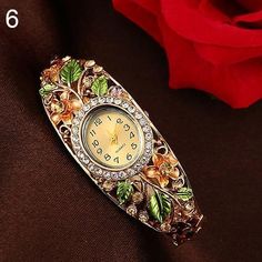 Gold Floral Bangle Watch Digital Watches Women, Women's Dress Watches, Dress Business, Flower Watch, Gold Watches, Bracelet Watches Women, Bangle Watches, Women Flower, Ladies Watches