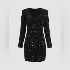 Cider Black Long Sleeve Sequin Dress, Never Worn, Still Has Tags Attached. Black Fitted V-neck Sequin Dress, Black V-neck Sequin Dress For Cocktail, Black V-neck Sequin Dress For Night Out, Black Fitted Long Sleeve Sequin Dress, V-neck Sequin Dress For Date Night In Winter, Fitted Black Sequin Dress For Fall, Winter Black Sequined Bodycon Dress, Black Sequin Long Sleeve Bodycon Dress, Black Long Sleeve Sequined Bodycon Dress