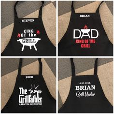 four aprons with the names of different grilling related items in white and black