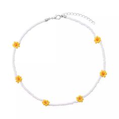 One Beaded Choker Necklace Acrylic Beads Y2k Style White And Yellow Color Sunflower Seed Bead Necklace, Flower Choker Necklace, Flower Choker, Necklace White, Beaded Choker Necklace, Beaded Choker, Fun Ideas, Acrylic Beads, Heart Patterns