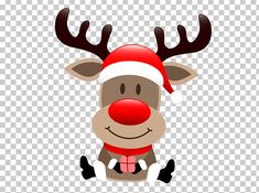 a reindeer wearing a santa claus hat and scarf with his hands in the air while sitting down