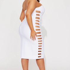 White Cutout Bandage Dress In Size Large. It Is Only Cutout On The Right Side, New With Tags, Never Worn. White Bandage Dress For Summer Date Night, White Sleeveless Bandage Dress For Date Night, White Bandage Dress For Date Night In Summer, White Sleeveless Bandage Dress For Spring, Fitted Strapless Dress With Hollow Out, White Hollow Out Dress For Night Out, White Hollow Out Mini Dress For Night Out, White Strapless Bandage Dress For Night Out, White Bandage Dress For Spring