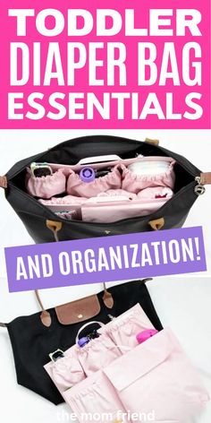 an image of a diaper bag with the words toddler diaper bag essentials and organization