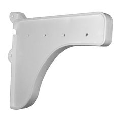 a white shelf bracket with holes on the front and back sides, for use in cabinets or closets