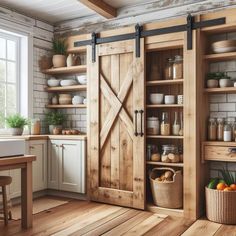 an open barn door in a kitchen with wooden flooring and white walls, surrounded by shelves