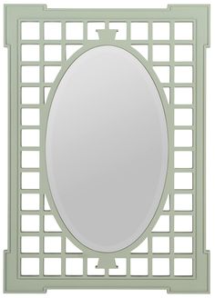 an oval mirror with lattice design on the front and sides, in light green color