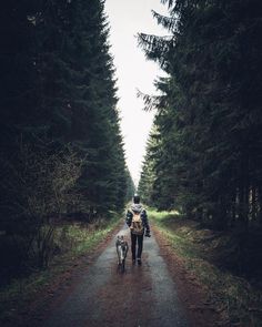 a person walking down a path with a dog