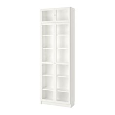 a tall white bookcase with two shelves on each side and one door open to reveal the