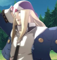 an anime character with long blonde hair and blue eyes is standing in front of trees