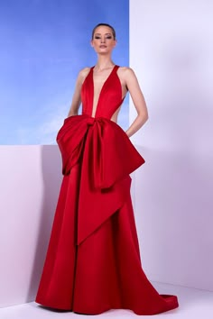 Bow detailed sleeveless satin gown – HerTrove V-neck Satin Finish Gown For Gala, Satin Finish V-neck Gown For Gala, V-neck Gown For Red Carpet And Prom Season, Satin A-line Evening Dress For Gala, Luxury Sleeveless Maxi Dress For Wedding, Silk V-neck Gown For Gala, V-neck Gown With Satin Finish For Evening, Red Carpet Satin Dress With Fitted Bodice, Satin Finish V-neck Gown For Evening