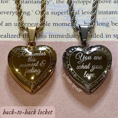 "✿Stainless steel twisted rope chain necklace with 1 locket pendant. One heart locket pendant laser engraved (different engraving style than other non-locket necklaces) with \"You are what you love.\" on the front & \"Remember this moment & feeling\" on the back along with a unique border on both sides. The border on the front has detailing including a bow & arrow, butterflies, music notes, roses, & a paper ring. The border on the front has detailing including the number 13, koi fish, music note Gold Locket Necklace For Valentine's Day Best Friend Gift, Gold Locket Necklace For Best Friend On Valentine's Day, Engraved Stainless Steel Heart Pendant Jewelry, Engraved Stainless Steel Jewelry For Valentine's Day, Engraved Heart Stainless Steel Charm Necklace, Gold Stainless Steel Heart Necklace Engraved, Engraved Medallion Heart Necklace For Valentine's Day, Engraved Heart Pendant Stainless Steel Necklace, Engraved Heart Pendant Necklace In Stainless Steel